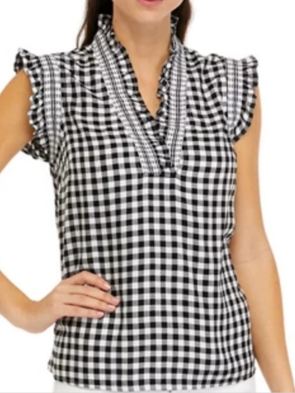 Crown & Ivy Black White Gingham Smocked Ruffle Sleeveless Top - Picture 1 of 12